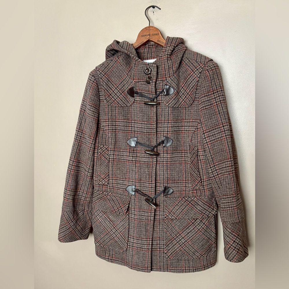 ST. JOHN’S BAY vintage 90s duffle coat plaid wool cashmere toggle buttons M EUC